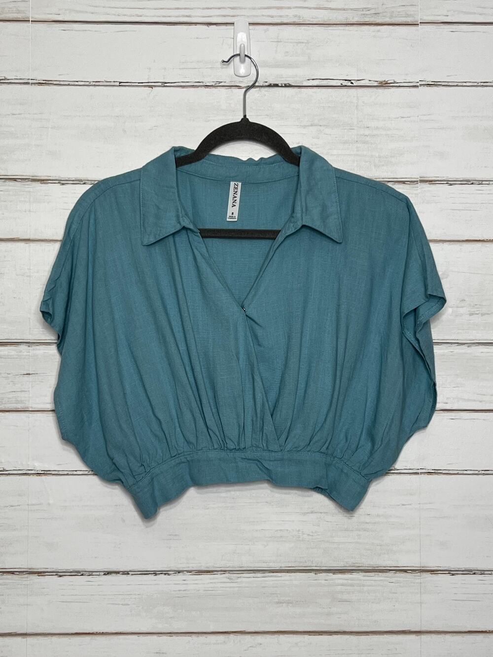 Zenana Teal Blue Linen Blend Collared Blouse Size Small Cropped Top